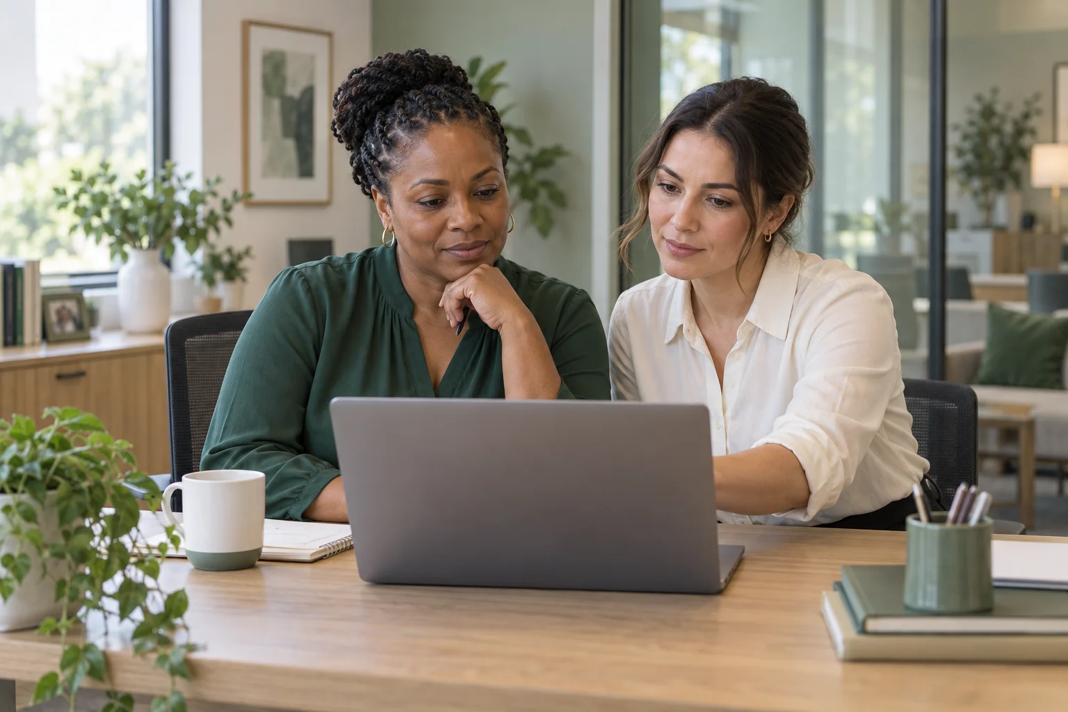 Two home care agency coordinators reviewing their work together
